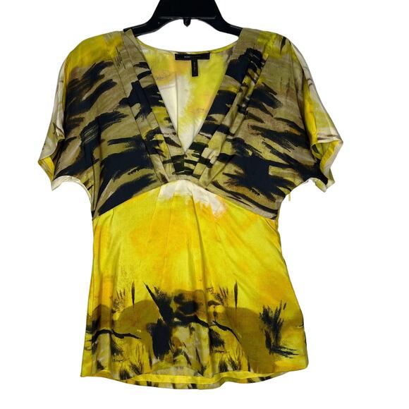 BCBG Max Azria Silk Women's Medium Yellow Black Abstract Print V-Neck Top - Picture 1 of 9